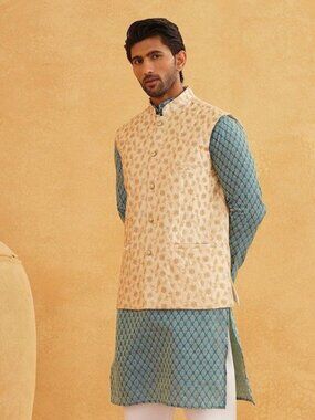 Teal Blue Ethnic Motifs Poly Blend Kurta Set For Men